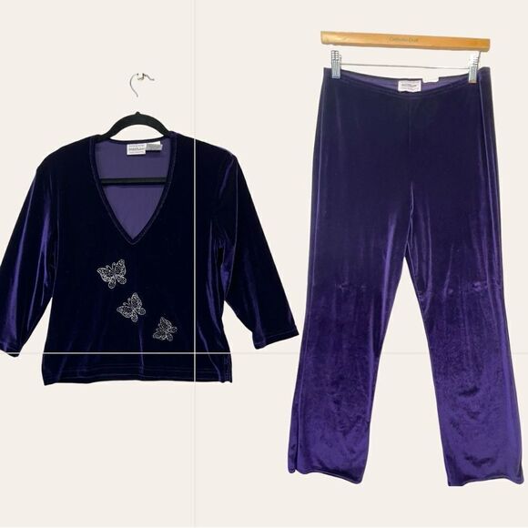 Pants and top Y2k Velvet Royal Purple butterfly Crop Top and pants set large - Picture 1 of 16